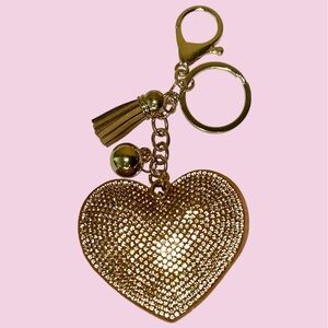 Gold Rhinestone Puffy Heart Keychain with Tassel